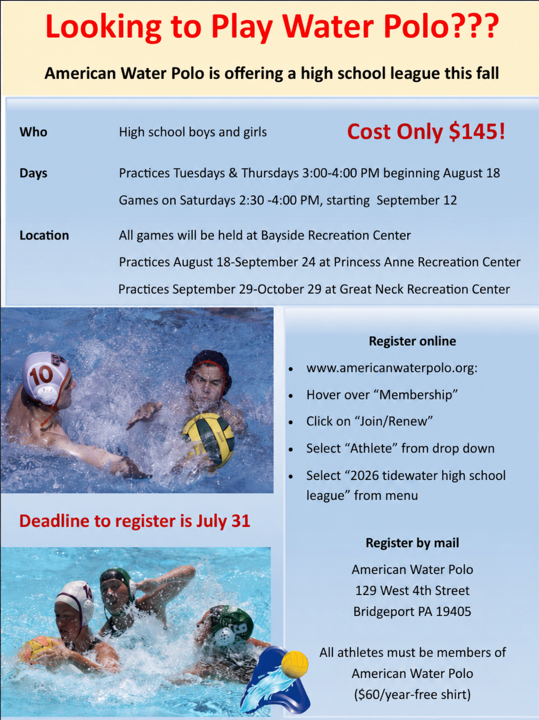 American Water Polo high school league flyer with schedule, cost, and registration details